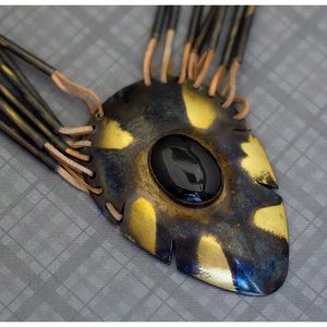 Huge Vintage Boho Black and Gold Necklace 20 inch, G38